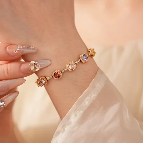 Bracelet De Tennis En Cuivre Plaqué Or Vintage Avec Zircone Carré Coloré Design Halo Micro Pave Bijoux Pour Femmes