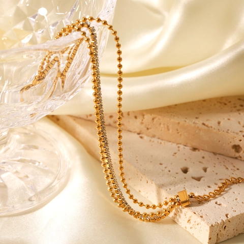 Multilayered Stainless Steel Bracelet Women Round Bead Spliced Zircon Chain 18K Gold Plated Adjustable Jewelry