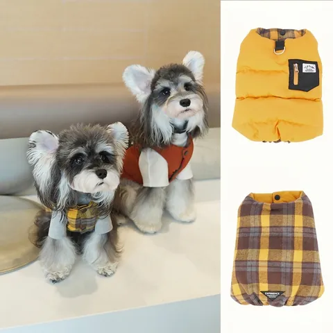 Reversible Dog Winter Vest Plaid Quilted Padded Pet Jacket Warm Small Medium Dogs Leash D-Ring
