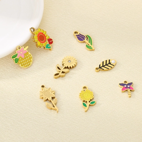 Stainless Steel Flower Charms Sunflower Tulip Enamel Rhinestone Artificial Pearl For DIY Jewelry Making Gold Plated Colorful