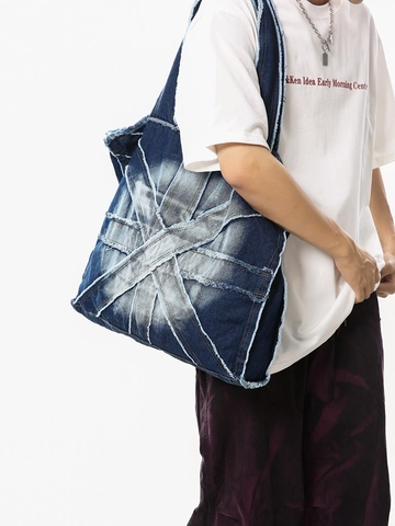 Retro Denim Patchwork Tote Bag Large Capacity Distressed Frayed Edge Shoulder Bag Washed Streetwear Handbag For Women