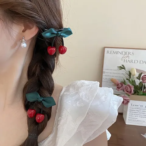 Molletta Per Capelli Forma Ciliegia Resina Frutta Fiocco Raso Stile Pastorale Dolce Fermaglio Becco D'Anatra Donne Ragazze