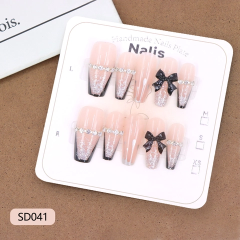 Faux Ongles Faits À La Main French Tip Dégradé Noir Rose Paillettes Strass Noeud Papillon Style Y2K Faux Ongles