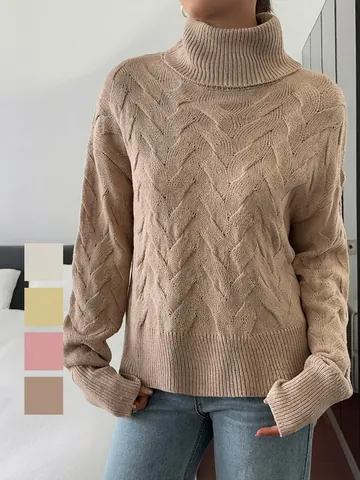 Maglione Collo Alto Donna Maglia Manica Lunga Trecce Casual Largo Spalle Cadenti Pullover In Acrilico Top