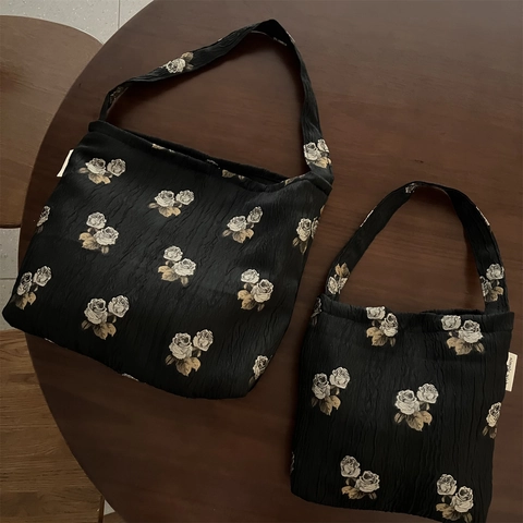 Women Rose Jacquard Pleated Canvas Shoulder Underarm Bag Retro Floral Handbag Tote