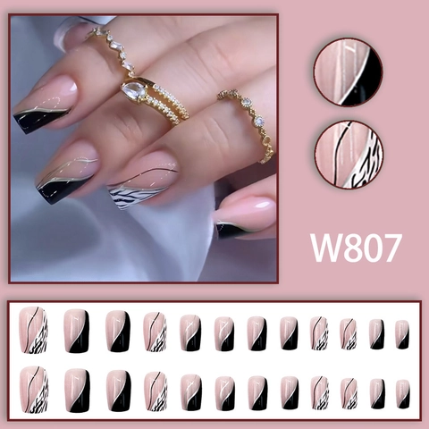 Unghie Finte Coffin Francesi Motivo Zebra Nero Bianco Linea Oro Unghie Artificiali Per Donne
