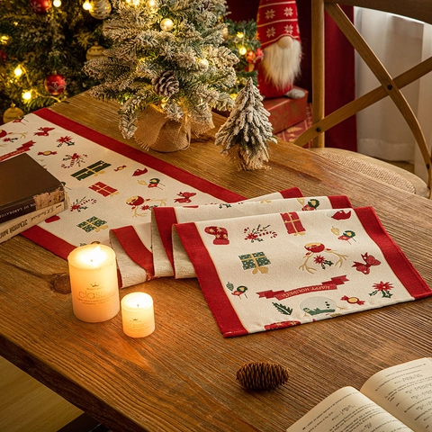 Christmas Table Runner And Placemat Polyester Linen Snowman Reindeer Pattern Merry Christmas Print For Holiday Decoration