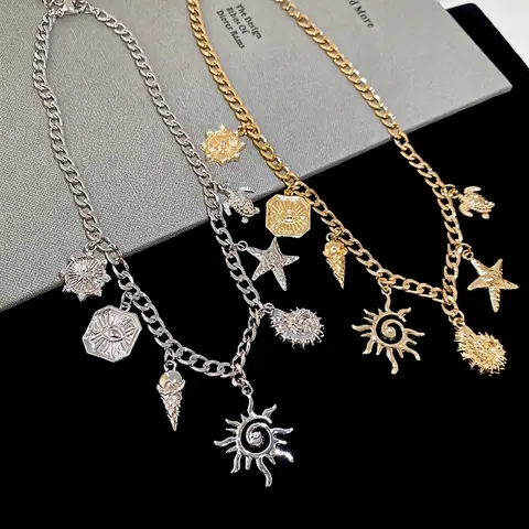 Collana In Lega Con Strass E Ciondoli Sole Stella Marina Conchiglia Tartaruga Per Donna Stile Bohémien Gioielli Da Vacanza