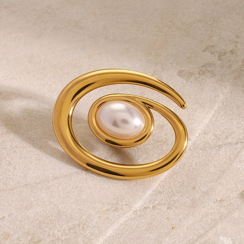 Spiral Artificial Pearl Brooch Stainless Steel 18K Gold Plated Geometric Elegant Minimalist Anti-Exposure Pin Jewelry For Women