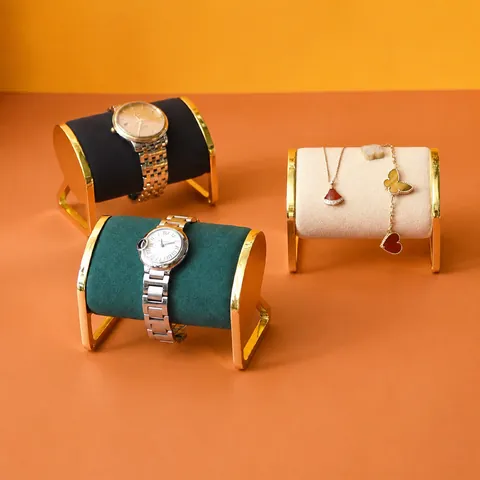 Jewelry Display Stand Watch Bracelet Holder Metal Gold Plated Velvet Microfiber Cylinder Desktop Storage Organizer