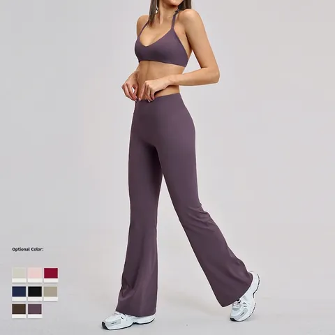 Women High Waisted Flare Yoga Pants Nylon Spandex Brushed Tummy Control Slim Fit Butt Lifting Sporty Activewear