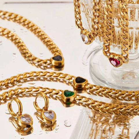 Collana Bracciale E Orecchini A Cerchio Con Pendente A Cuore In Zircone Acciaio Inossidabile Placcato Oro Gioielli Eleganti