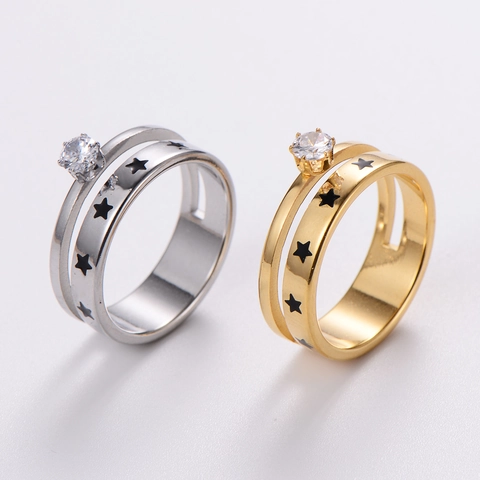 Anillo De Acero Inoxidable Con Estrella Hueca Banda Minimalista De Doble Capa Con Incrustación De Circón Joyería Mujer