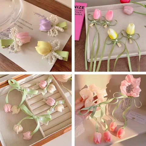 Fermaglio Per Capelli Fiore Di Tulipano Fiocco Nastro Tessuto Scrunchie Artiglio Per Capelli Perla Artificial Sintetica Bastoncino Floreale Per Donne