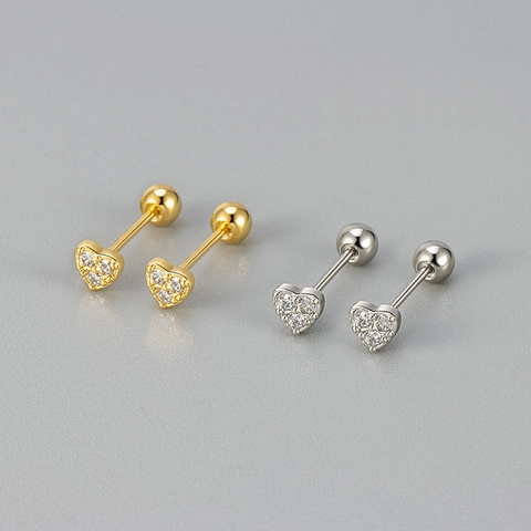 Heart Stud Earrings Copper Micro Zirconia Inlaid With Silver Earring Post Screw Ball Back Minimalist Jewelry For Women
