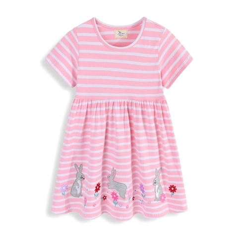 Abito Bambina Cotone Pettinato Righe Rosa Bianco Manica Corta Ricamo Coniglio Fiori Casual Estate Quotidiano