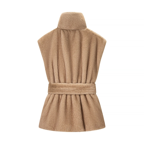 Women Faux Fur Vest Stand Collar Belted Solid Color Sleeveless Polyester Casual Fashion Waist Tie Outwear