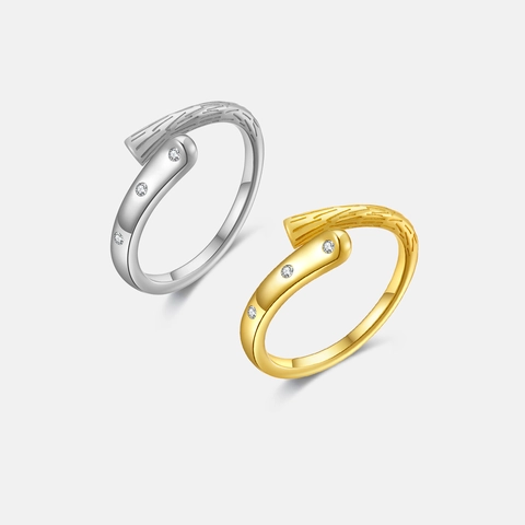 925 Sterling Silver Ring Adjustable Open Design Tree Bark Texture With Three Zircon Stones Elegant Minimalist For Women