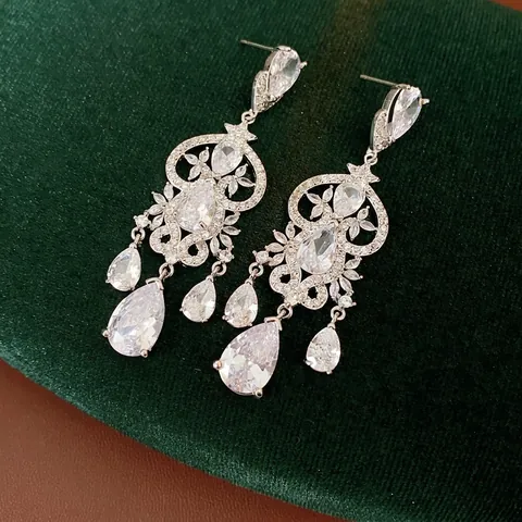 Lange Quasten-Ohrhänger Mit 925 Sterling Silber Ohrstecker Kupfer Zirkon Wassertropfen Herz Französisch Retro Luxus Damen