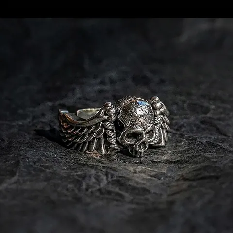 Totenkopf Flügel Ring Vintage Distressed Metall Punk Gothic Hip Hop Verstellbar Offen Herren