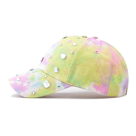 Fashion Rhinestone Studded Tie Dye Baseball Cap Cotton Breathable Adjustable Sunshade Casual Hat