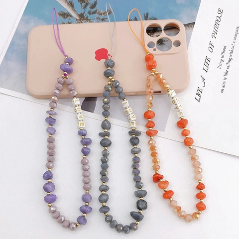 Cadena de Teléfono con Cuentas de Piedra de Cristal de Vidrio Vintage Patrón de Letras LOVE Correa de Muñeca Anti-Perdida Mujer