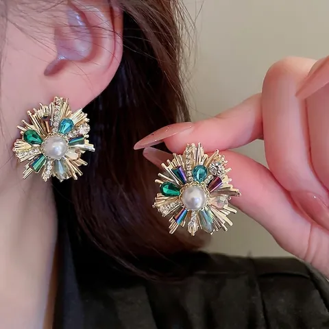 Retro Sunburst Flower Stud Earrings With 925 Sterling Silver Earring Post Faux Artificial Pearl Multi Color Crystal For Women