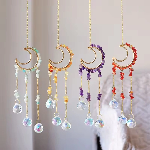 Moon Crystal Suncatcher Hanging Ornament Natural Crushed Stones Metal Wire Wrapped Prism Balls Rainbow Maker Home Garden Decor