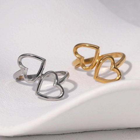 Anillo Abierto Ajustable De Acero Inoxidable Con Doble Corazón Para Mujer Joya De Lujo Minimalista Bañado En Oro 18K Moda