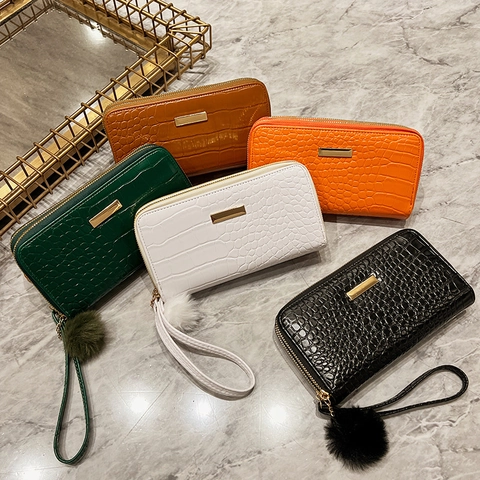 Women Long Wallet Alligator Crocodile Pattern PU Leather Zipper Around Clutch Purse Pom Pom Charm Wristlet Strap