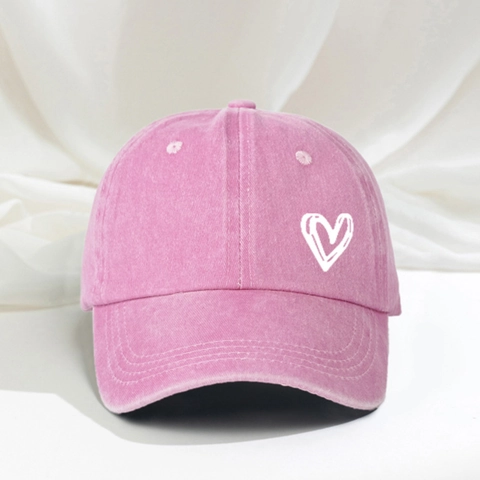 Washed Cotton Baseball Cap White Heart Embroidery Adjustable Sunscreen Outdoor Casual Vintage Style Hat For Women Men