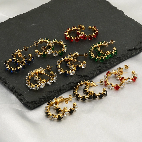 C Shaped Hoop Earrings 18K Gold Plated Stainless Steel With Square Colorful Cubic Zirconia Inlaid French Classic Style