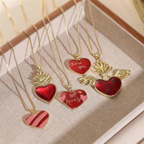 Rode Hart Vleugels Hanger Ketting Koper Emaille Heilig Hart Kroon Vlam Retro Mode Vergulde Sieraden Voor Dames