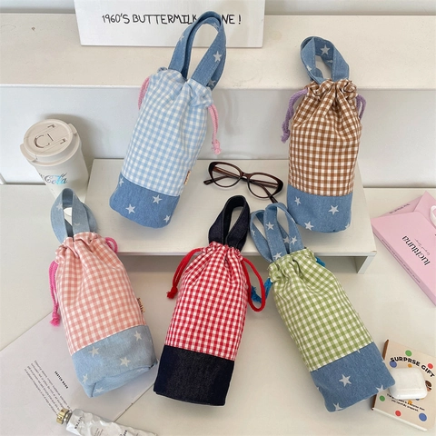 Water Bottle Carrier Bag Drawstring Spliced Gingham Plaid Star Pattern Polyester Portable Storage Pouch With Handle