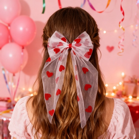 Große Haarschleife Mesh Organza Rotes Herzmuster Romantisch Langes Band Haarspange Süßer Haarschmuck Für Damen
