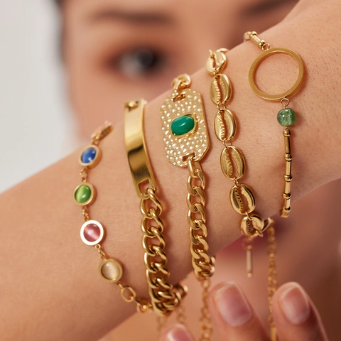 Stainless Steel Gold Plated Bracelet For Women Colorful Cat Eye Stone Cowrie Shell Cuban Chain Hip Hop Jewelry