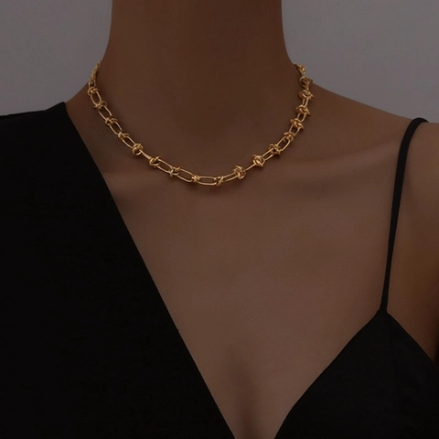 Titanium Steel Knotted Chain Necklace 18K Gold Plated Hip Hop Punk Style Chunky Link Clavicle Choker For Unisex