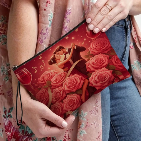 Borsa Cosmetica Romantica In Lino Stampato Con Rose San Valentino Pochette Trucco Con Cerniera Organizzatore Da Viaggio