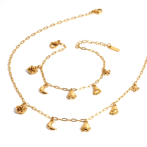 Collana E Bracciale In Acciaio Inossidabile Con Ciondoli Rosa Luna Pinguino Impronta Stella Gioielli Alla Moda Per Donna