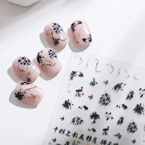 Nail Art Stickers 5D Self Adhesive Thin Matte Sheer Ink Wash Calligraphy Gold Foil Chinese Style Floral Decals