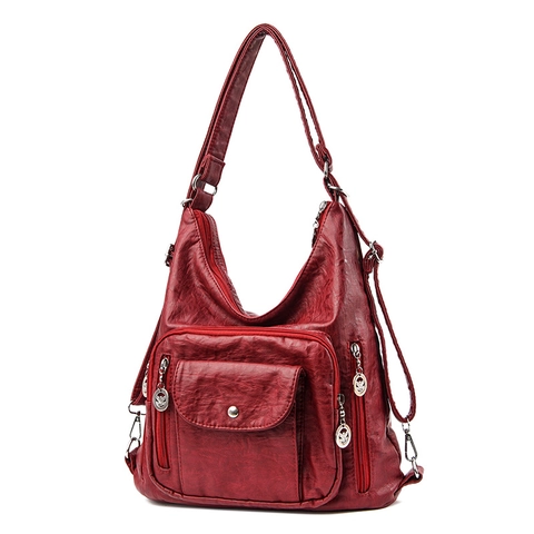 Women Shoulder Bag Soft PU Leather Multi Pocket Retro Large Capacity Tote Crossbody Travel Casual