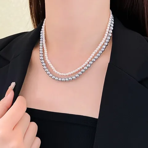 Collana A Doppio Strato Di Künstliche Perle Sintetiche Con Grani Grigi E Bianchi Elegante Catenina Clavicola Gioielli In Lega