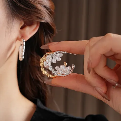 Orecchini A Cerchio A C Vintage Con Künstliche Perle Di Imitazione E Perno In Argento Texture Intrecciata Rame Per Donne