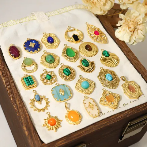 Vintage Bohemian Stainless Steel Natural Stone Pendants For DIY Necklace Making Handmade Jewelry Findings Gold Plated Findings