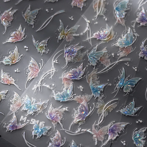 Autocollants D'Art D'Ongle Papillon Gaufré 3D Décalcomanies De Manucure Auto-Adhésives Aurore Holographique Décoration