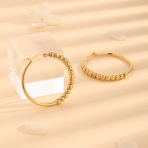 Stainless Steel Hoop Earrings 18k Gold Plated Half Bead Minimalist Jewelry For Women