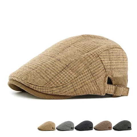 Vintage British Plaid Wool Blend Beret For Men Women Winter Warm Thickened Fleece Lined Flat Cap Adjustable Forward Hat