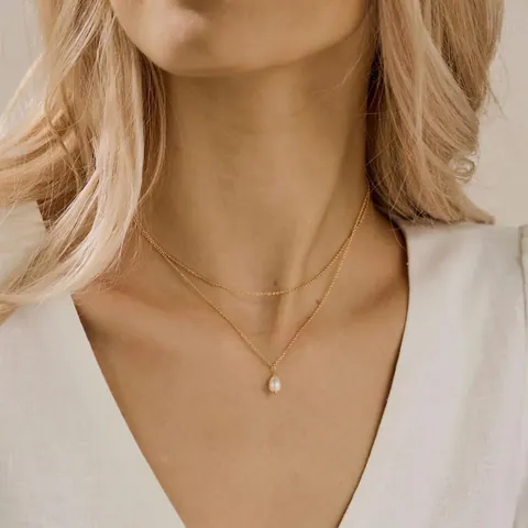 Elegante Collana in Acciaio Inossidabile a Doppio Strato da Donna Oro Argento Perla Artificiale Catena Gioielli di Moda
