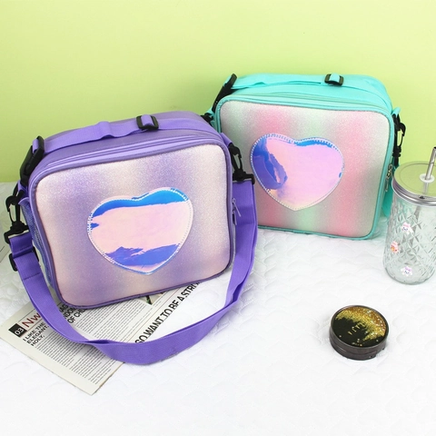 Isolierten Lunchtasche Mädchen Glitzer Regenbogen Thermos-Brotdose Mit Holografischem Herz-Patch Und Verstellbarem Schultergurt