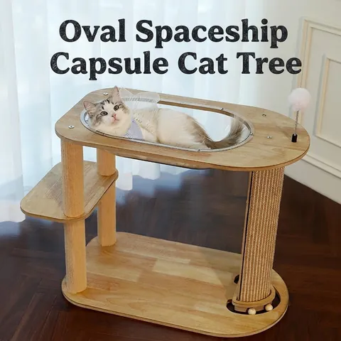 Multi-Level Wood Cat Tree With Transparent Acrylic Space Capsule Sisal Scratching Post And Hanging Interactive Ball Toys